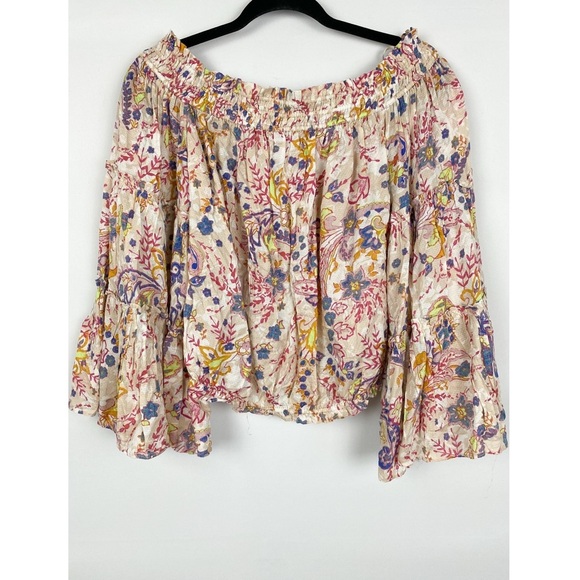 Free People Womens Free Spirit Off The Shoulder Blouse S Pink Bell Sleeve Floral - Picture 3 of 10